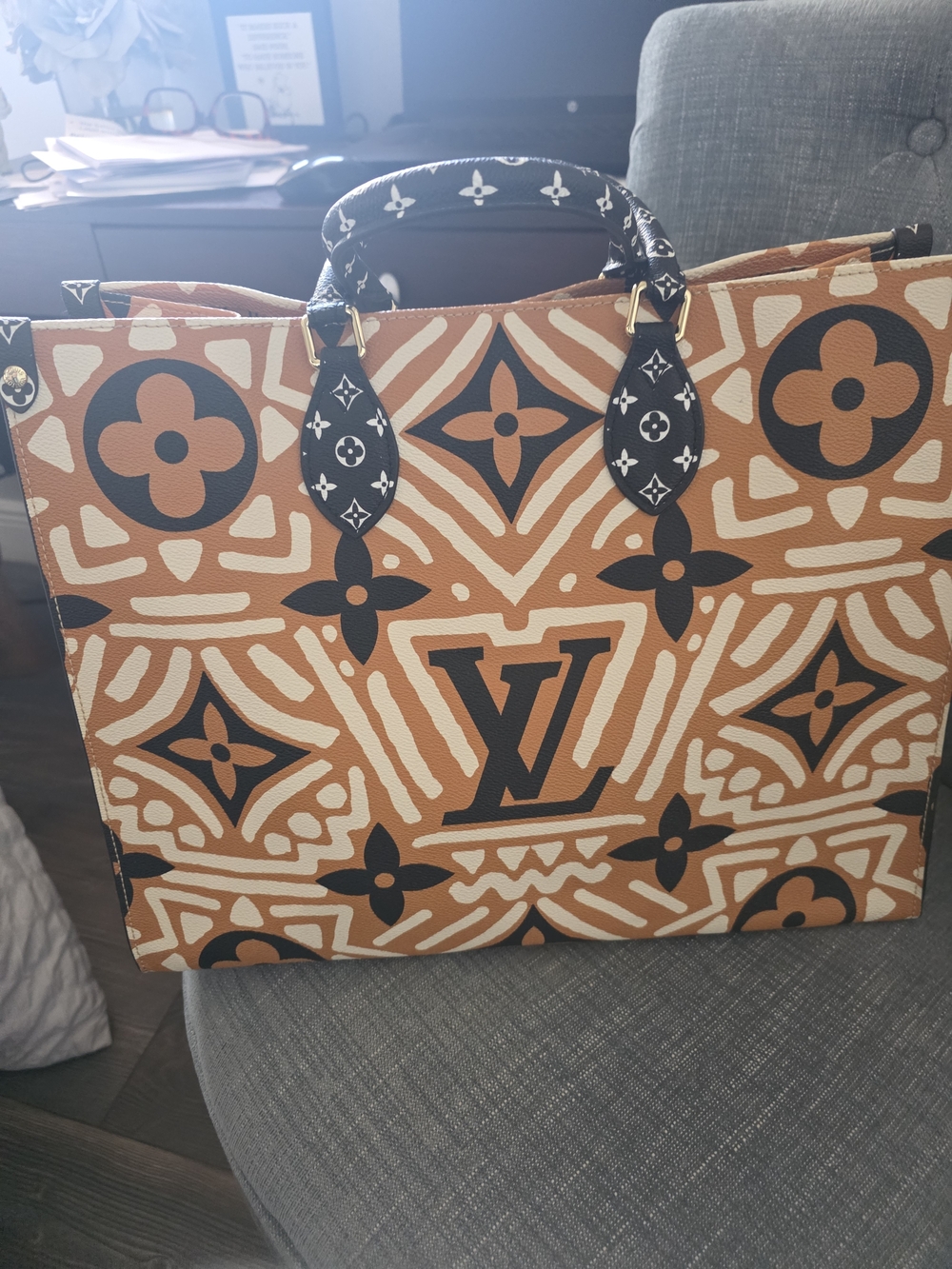 Luxury-Inspired Tan & Black Patterned Tote with Monogram Accent